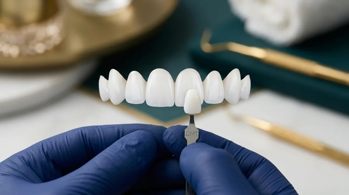Close-up of porcelain veneers being colour-matched for a cosmetic dentistry case