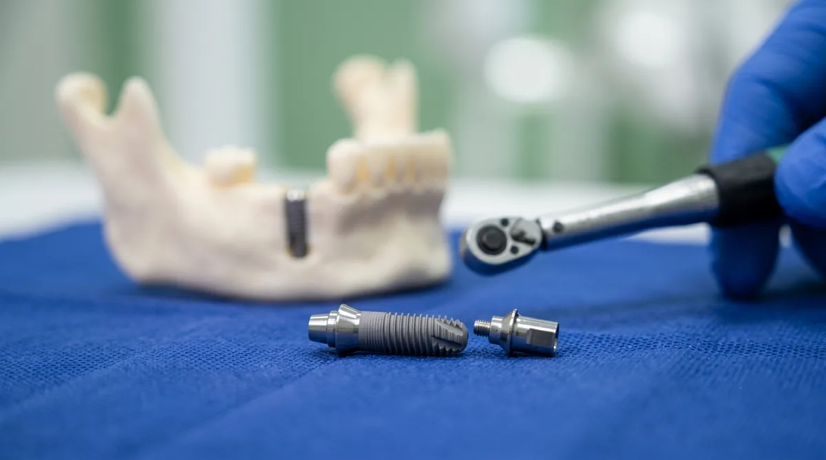 Dental implant components next to a jaw model