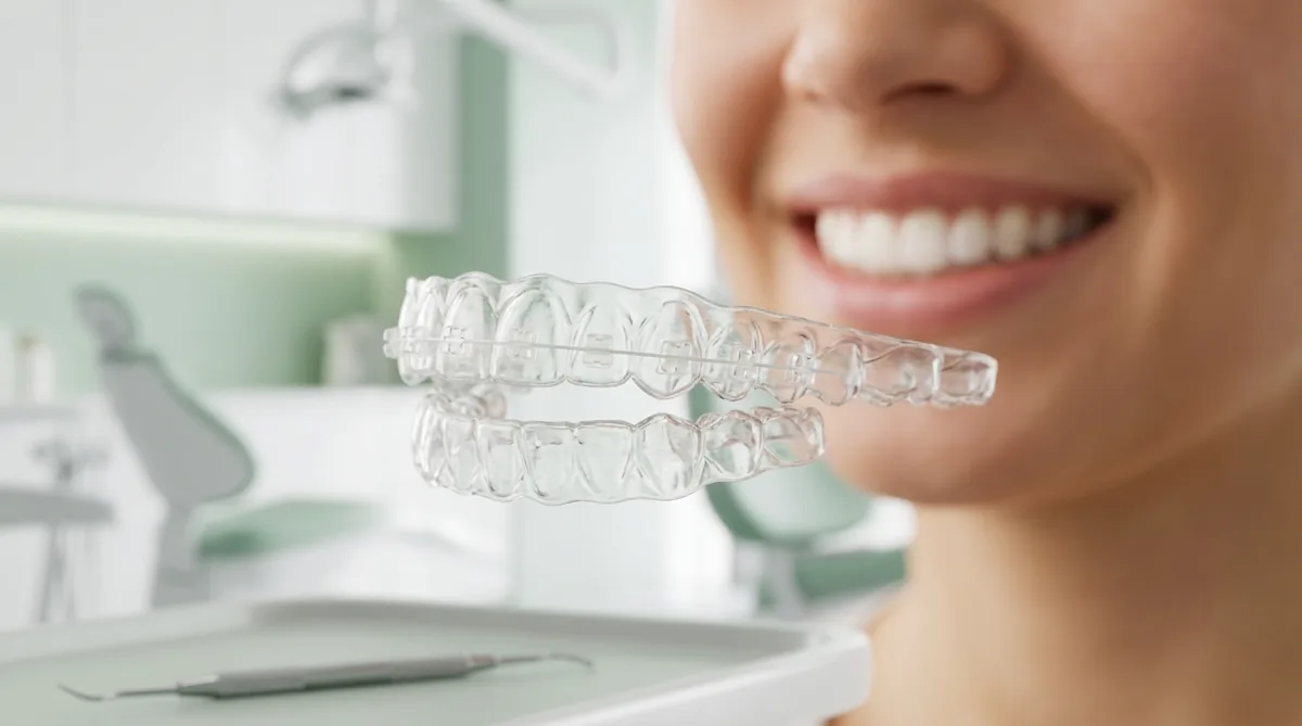Clear aligners held up in front of a patient's smiling mouth