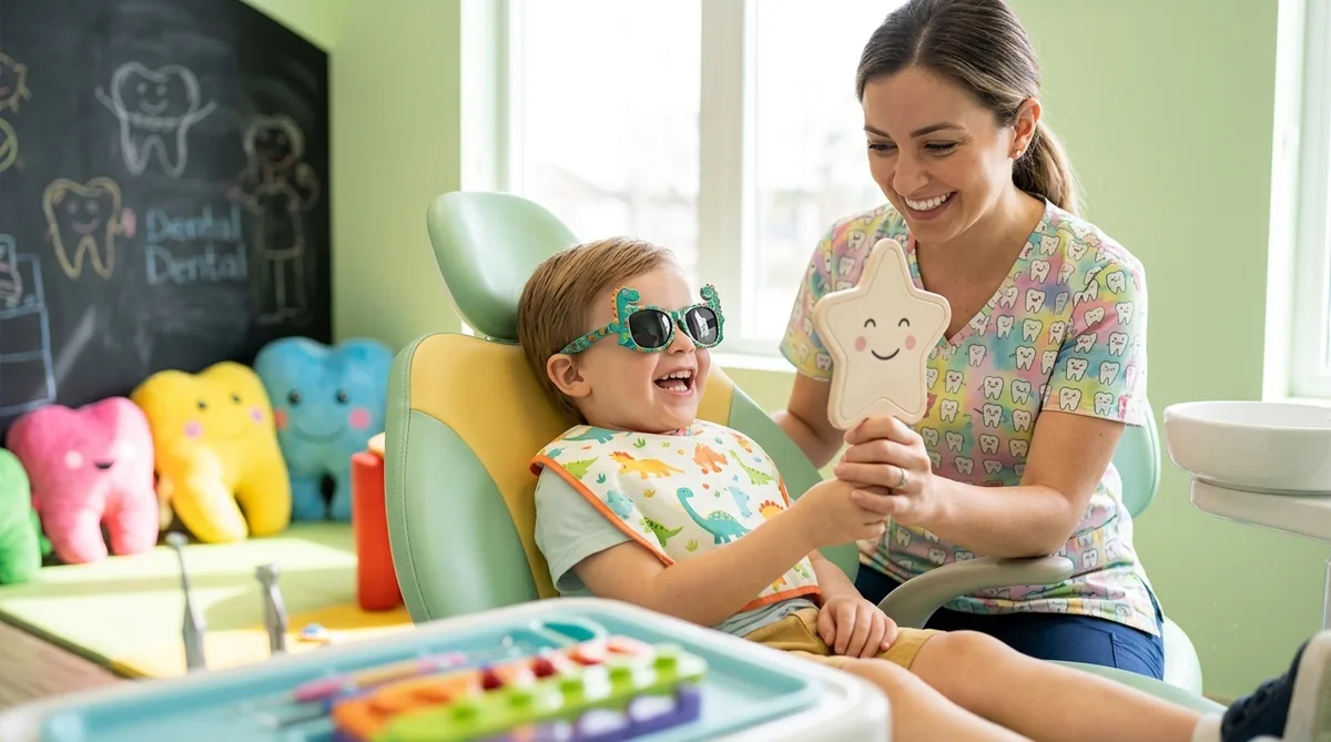 Smiling child in a colourful pediatric dental chair with the hygienist