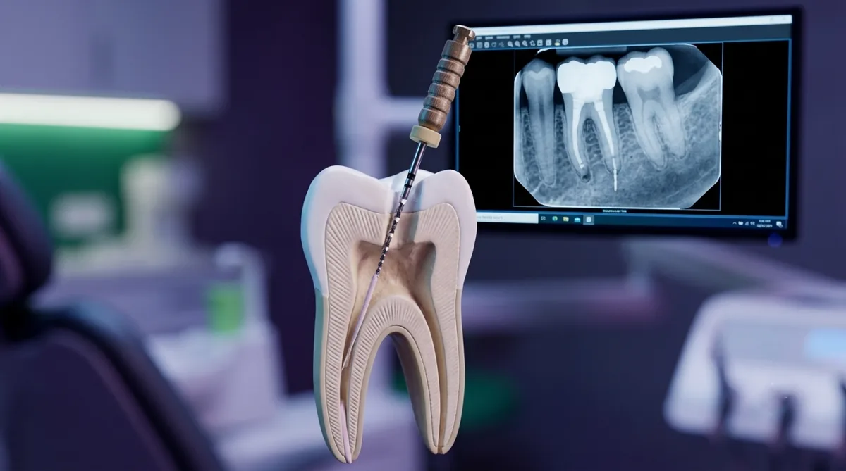 3D cross-section of a tooth during root canal treatment, with an X-ray in the background