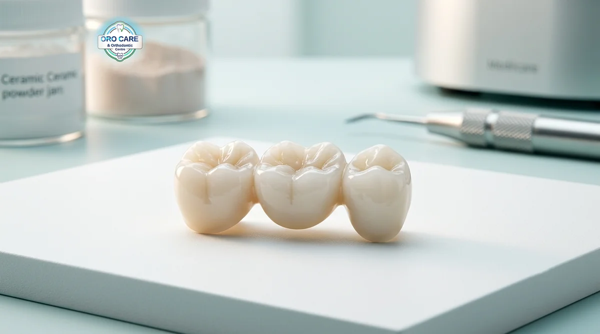 Three-unit ceramic dental bridge on a lab tray