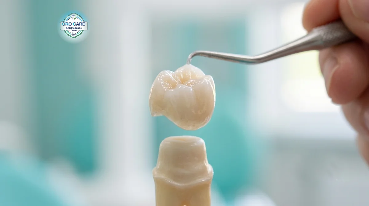 Dental crown being placed onto a prepared tooth