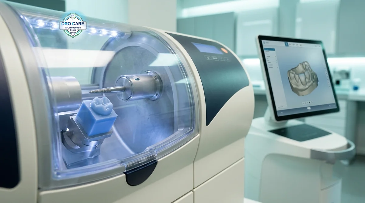 CEREC milling machine crafting a same-day ceramic crown while a digital scan shows on the monitor