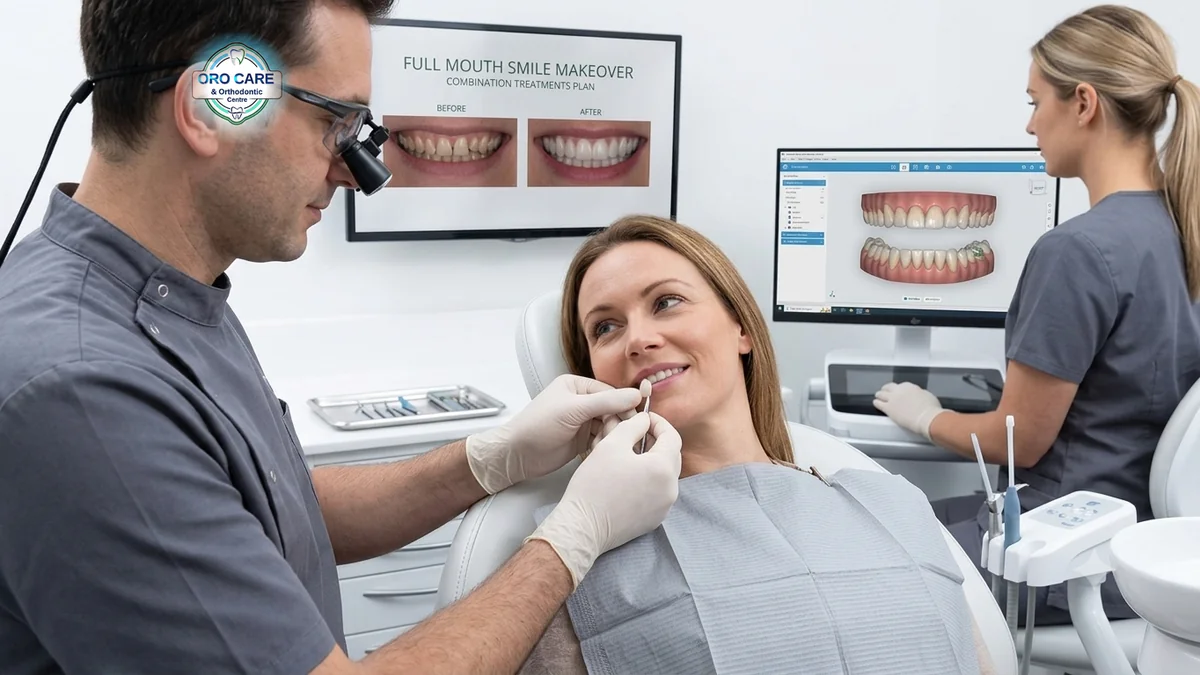 Dentist and assistant reviewing a digital before-and-after smile makeover plan with a patient