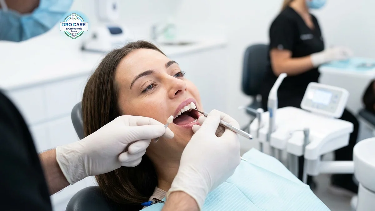 Set of ceramic veneers held up against a shade guide before fitting