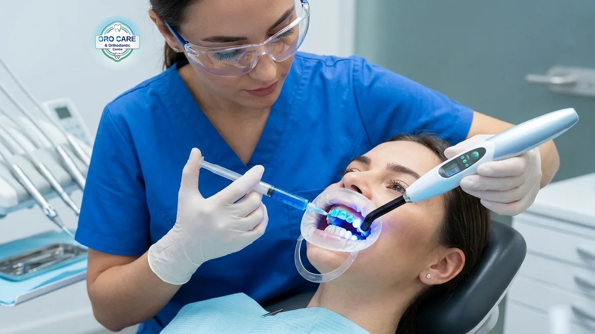 Dentist applying a blue curing light during a professional teeth whitening treatment