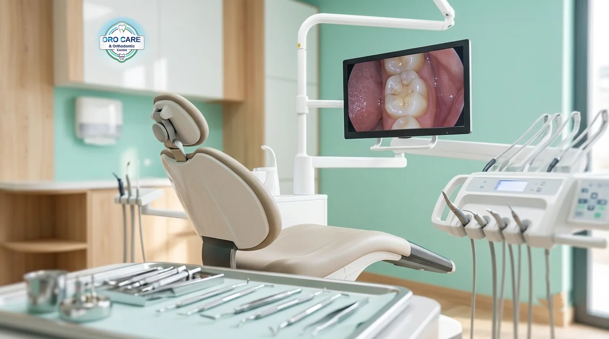 Intraoral camera view of teeth shown on a monitor during a dental check-up