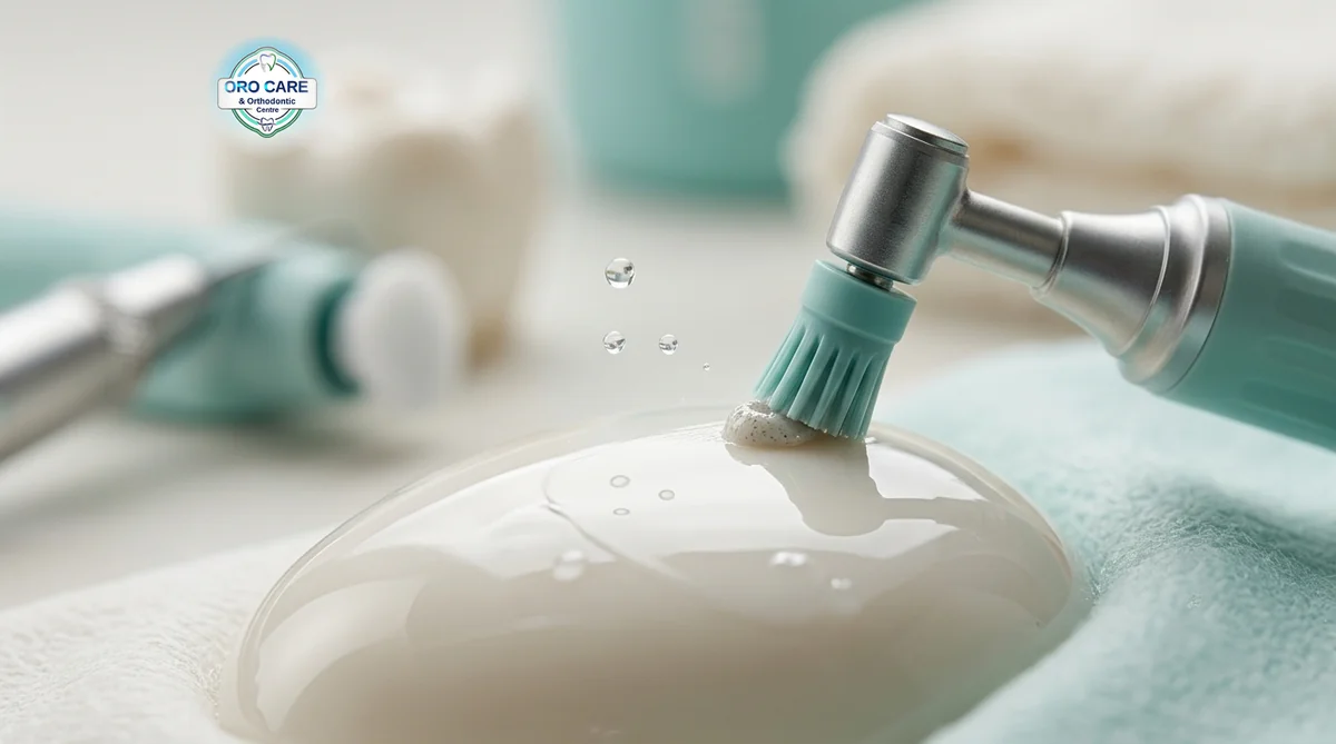 Dental polishing handpiece cleaning a tooth surface