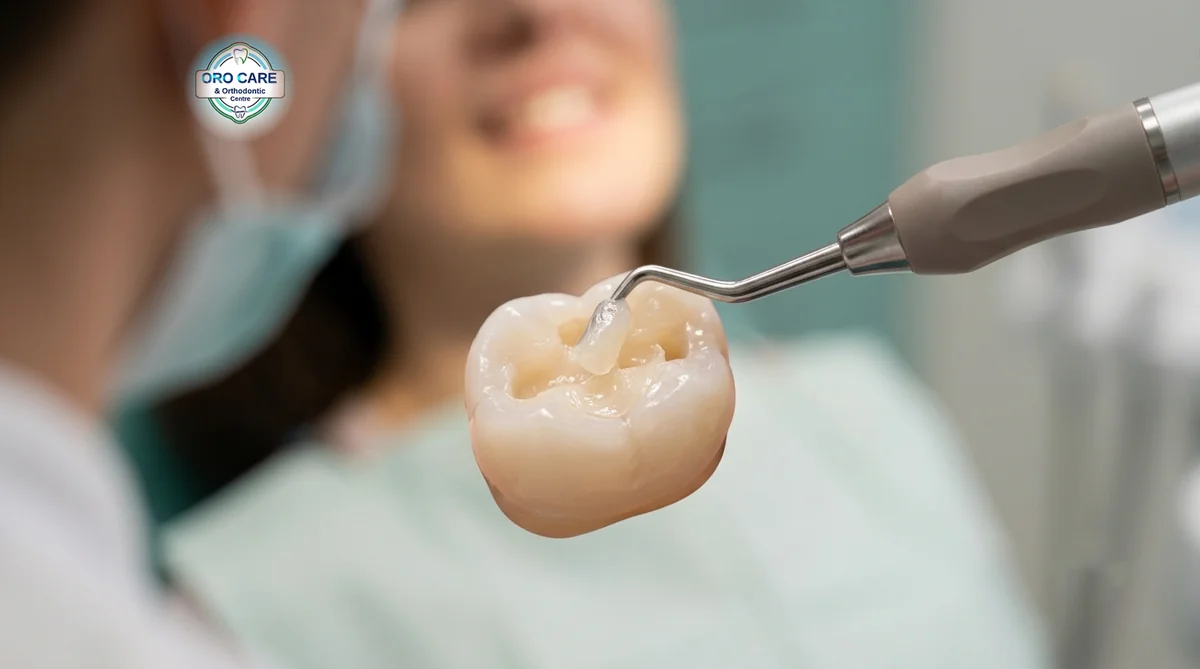 Dentist placing a tooth-coloured filling into a prepared tooth