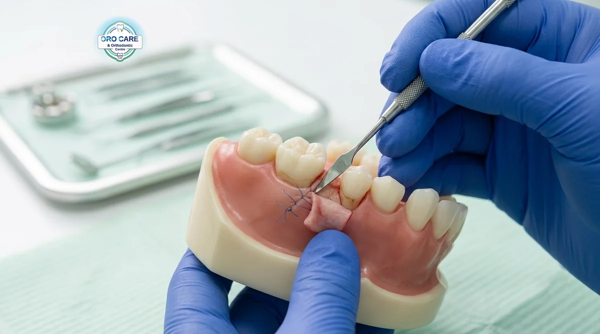 Periodontal flap surgery being performed on a dental model with sutures visible