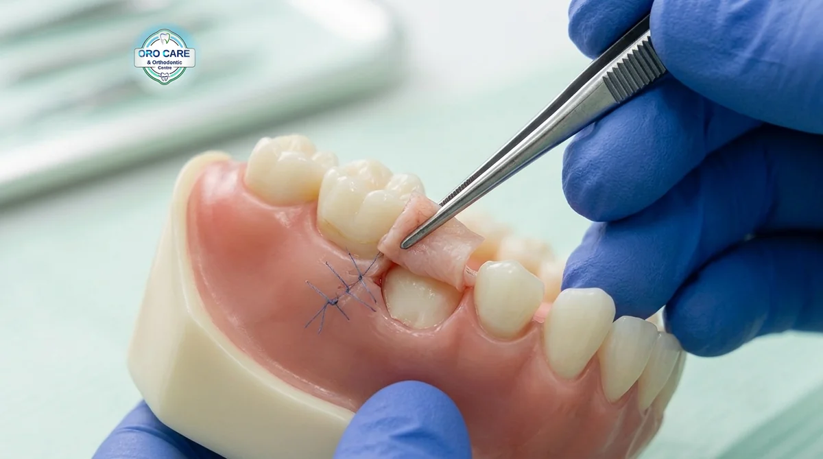 Gum grafting procedure with tissue being placed near sutured gum on a dental model