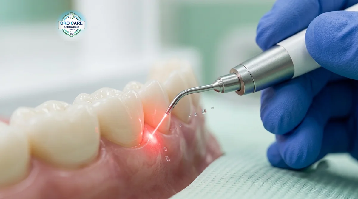 Dental laser targeting infected gum tissue during laser gum treatment