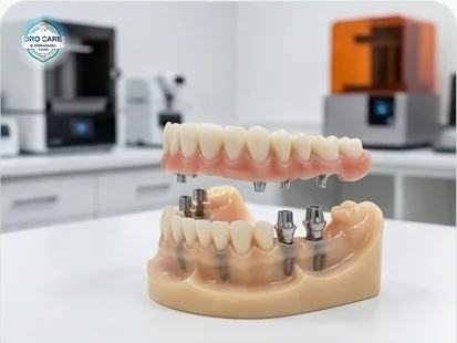 Full arch of implant-supported teeth on a lab model in the dental lab