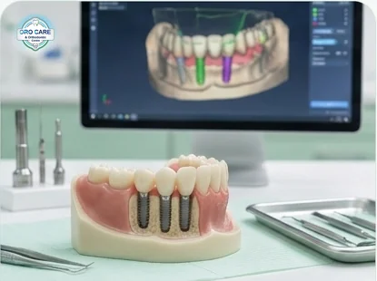 Model showing multiple dental implants placed in the lower jaw with a digital scan on screen