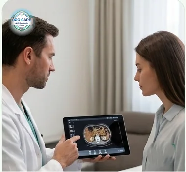 Dentist reviewing a scan on a tablet with a patient during a biopsy consultation