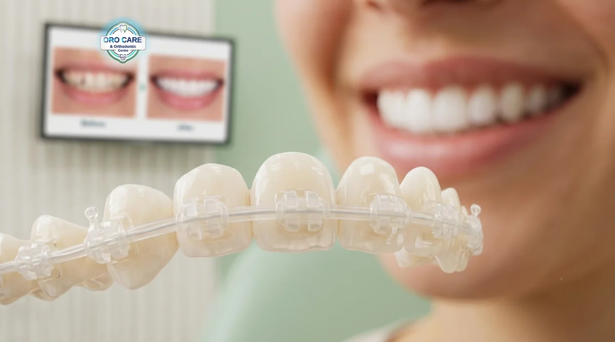Tooth-coloured ceramic braces brackets on a patient's smiling teeth