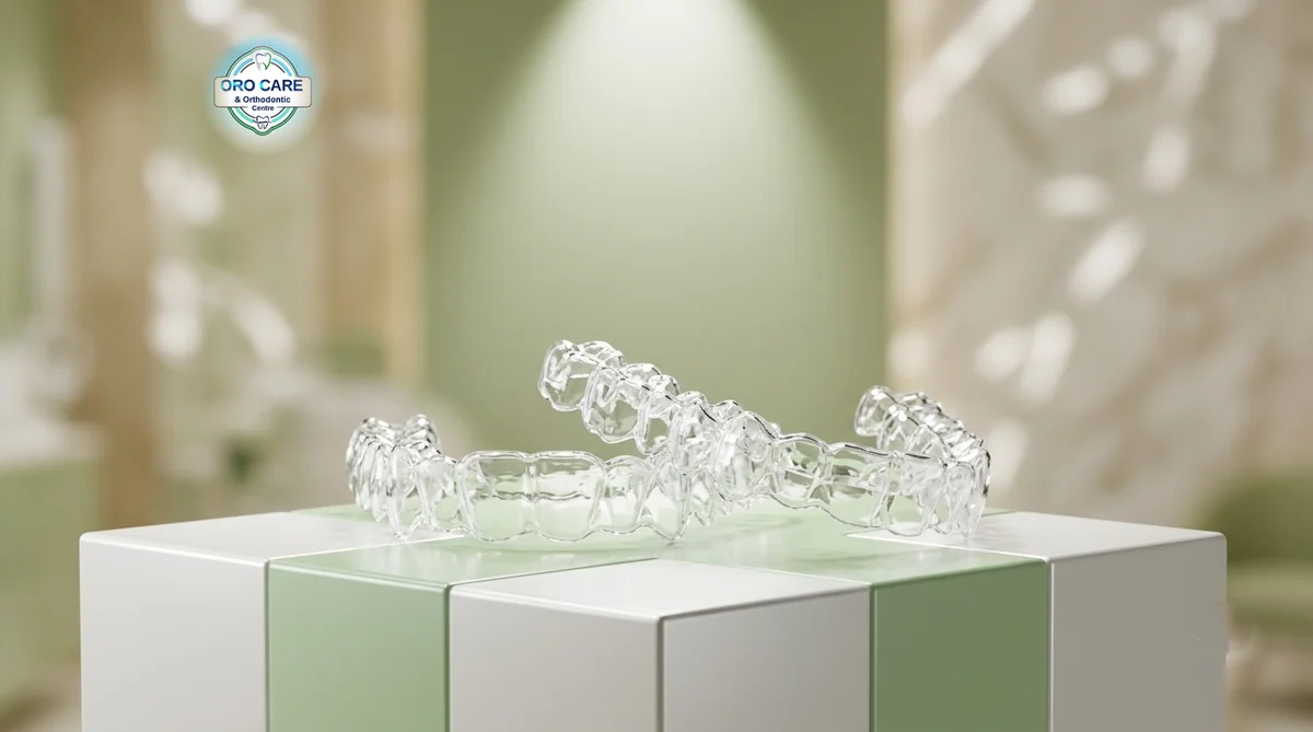 Clear aligner trays displayed on a pedestal