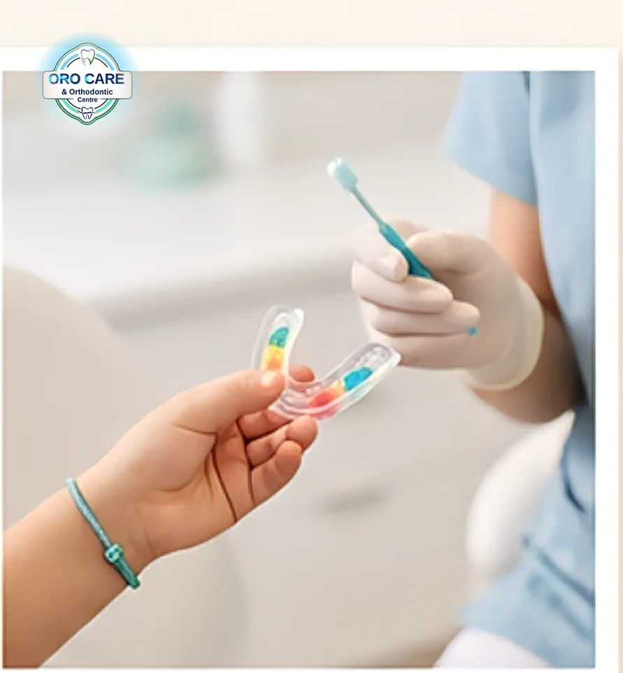 Child receiving a topical fluoride treatment application