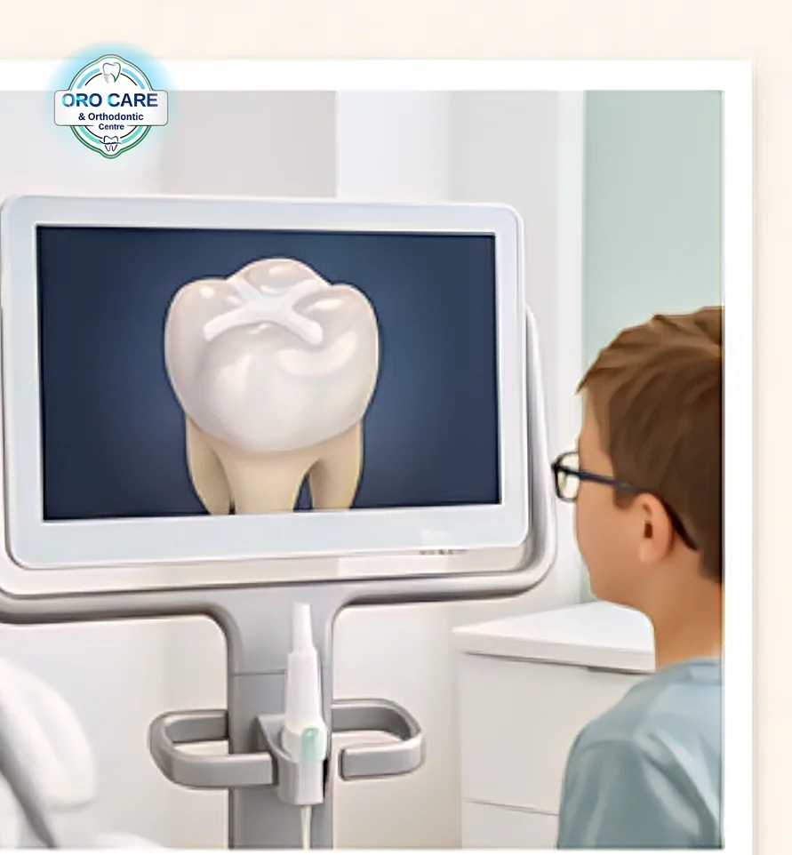 Child looking at a chairside monitor during a dental sealant procedure
