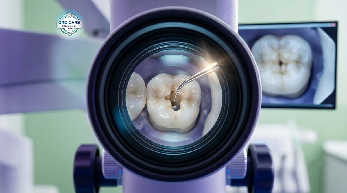 View through a dental microscope during a magnified root canal procedure
