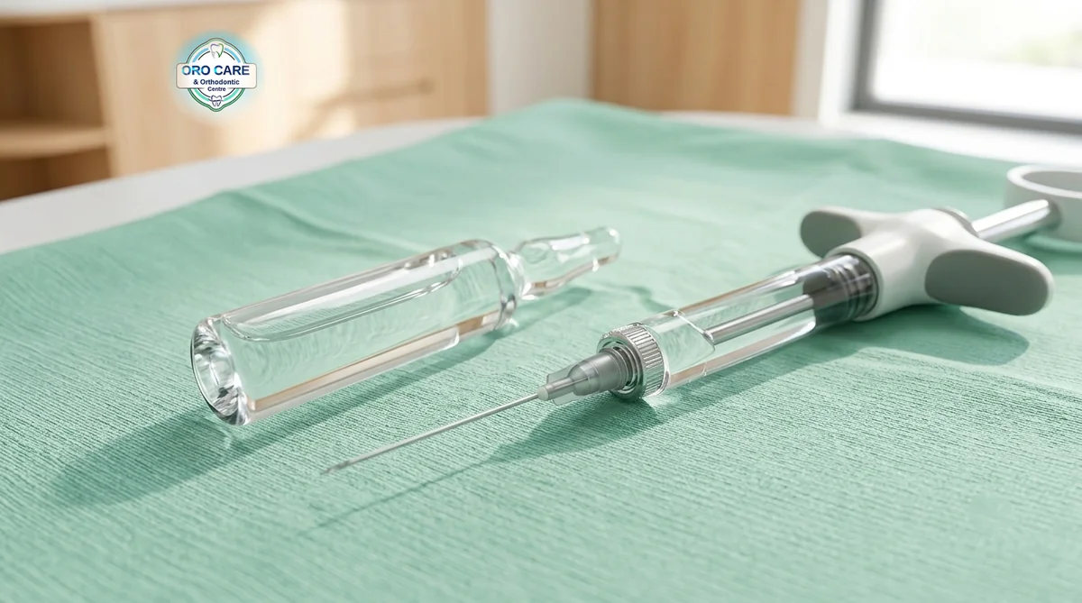 Local anaesthetic ampoule and syringe prepared for a painless root canal procedure