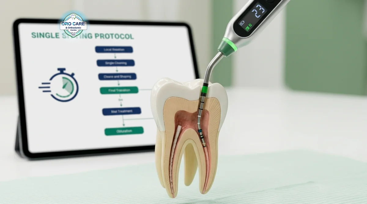 Tooth cross-section model with an endodontic file, and a tablet showing the single sitting root canal protocol