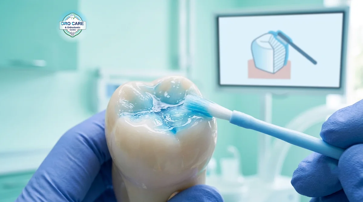 Fluoride gel being applied to a tooth with a small brush