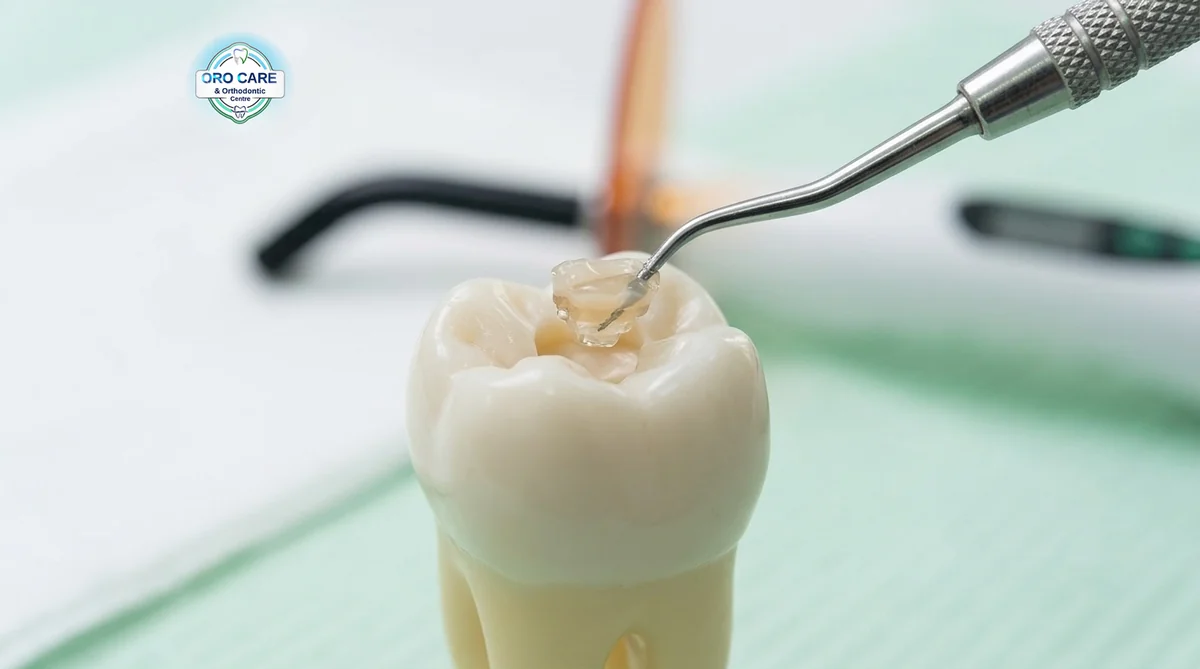 Dentist placing a filling into a prepared tooth cavity