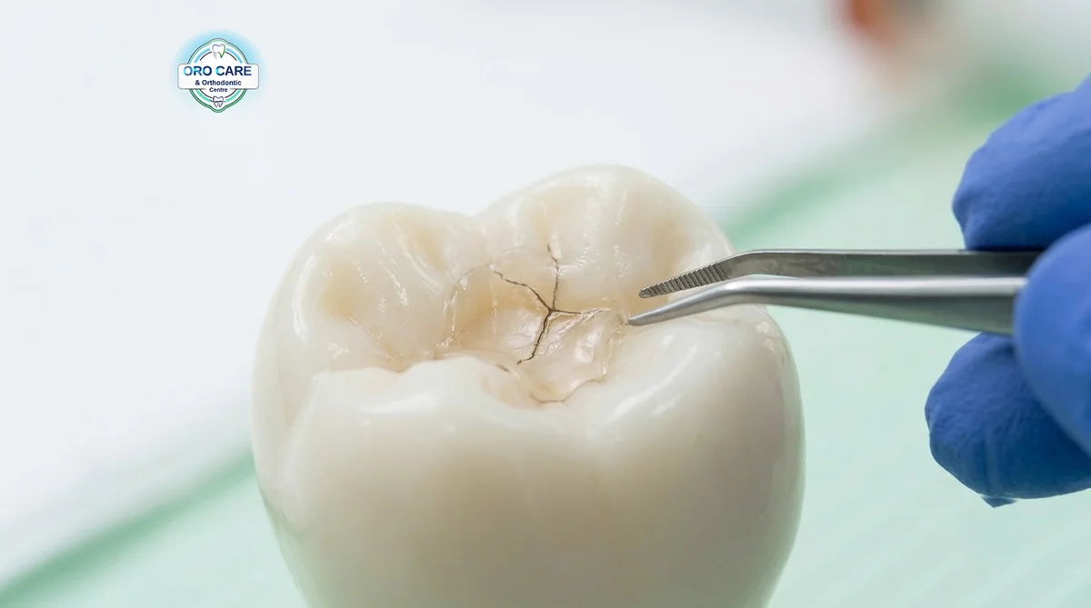 Close-up of a cracked tooth being examined with dental forceps