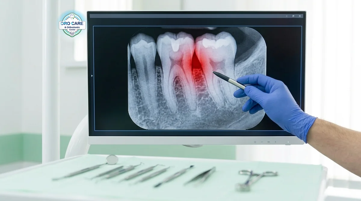 Dental X-ray with infected area highlighted in red during a toothache diagnosis