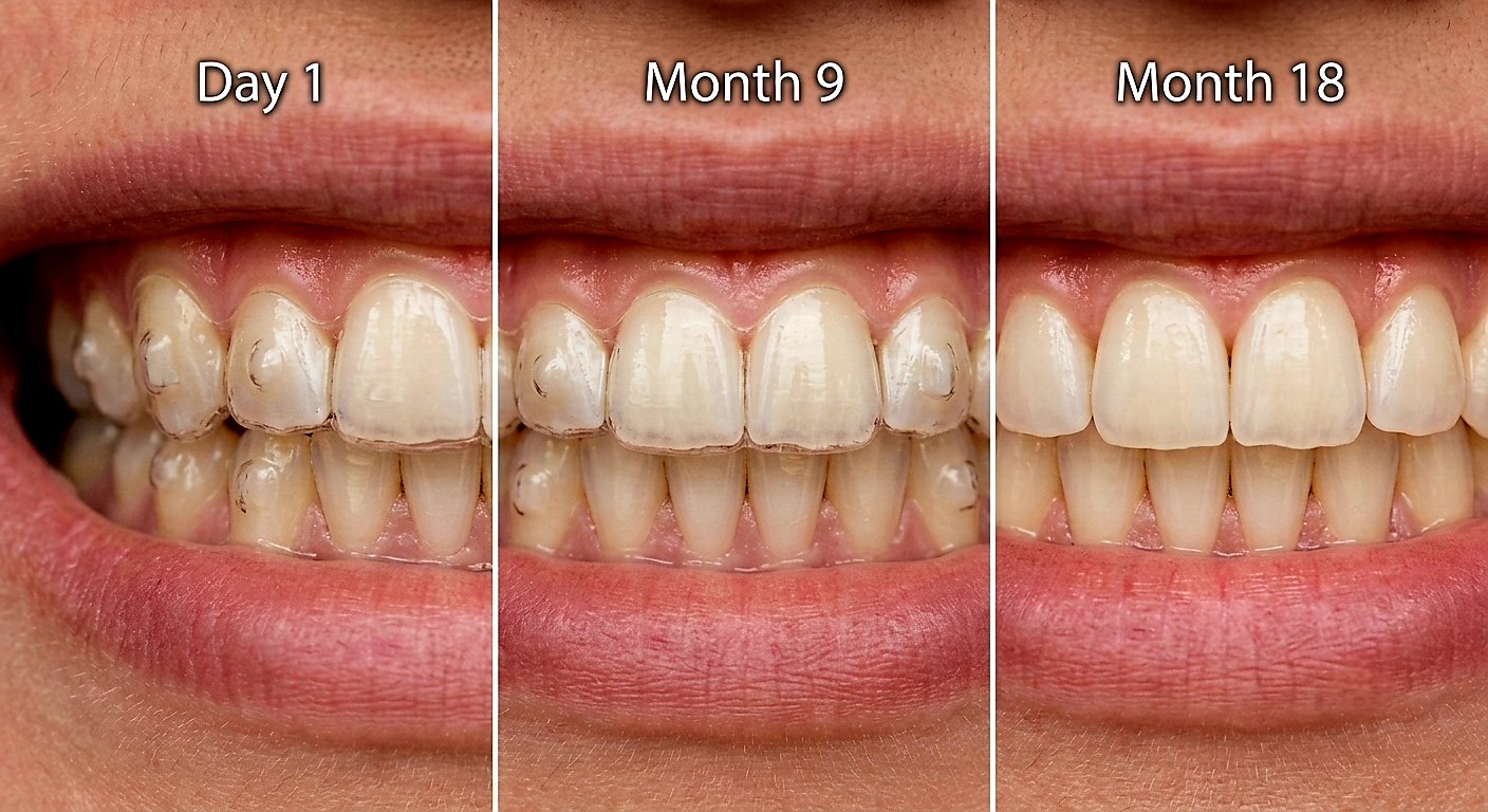 Same patient's teeth at Day 1, Month 9 and Month 18 of treatment with clear aligners, showing the teeth gradually straightening