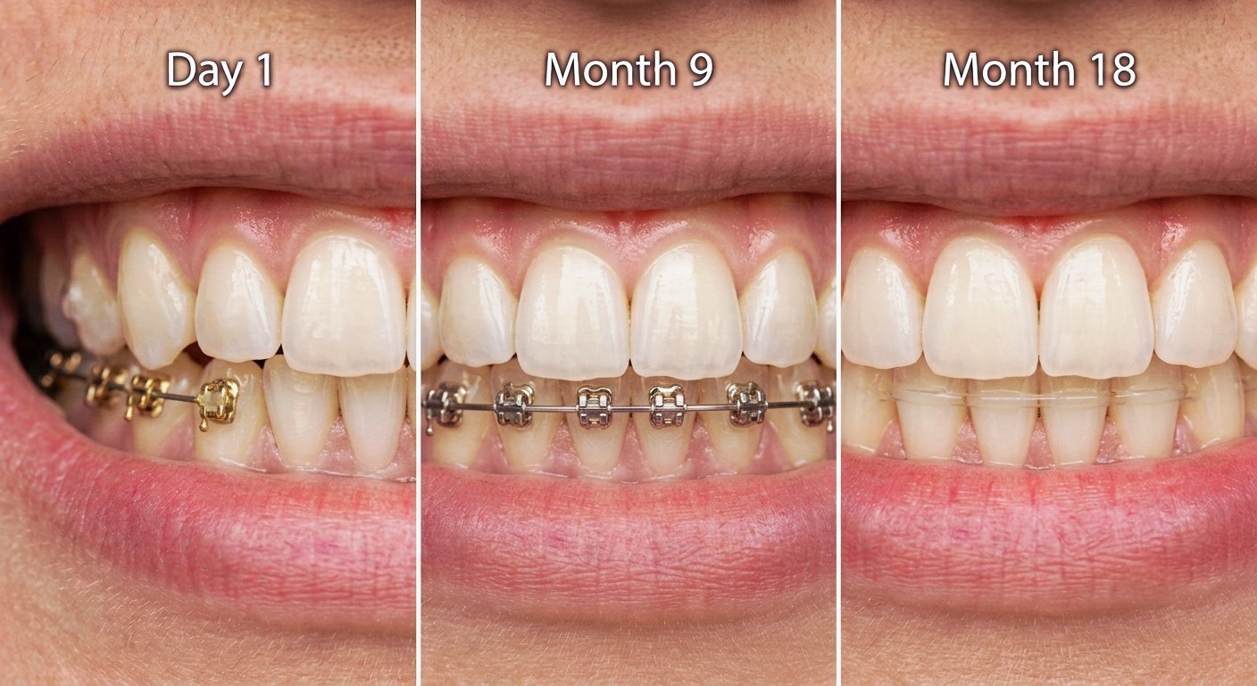 Same patient's teeth at Day 1, Month 9 and Month 18 of treatment with gold-tone braces, showing the teeth gradually straightening