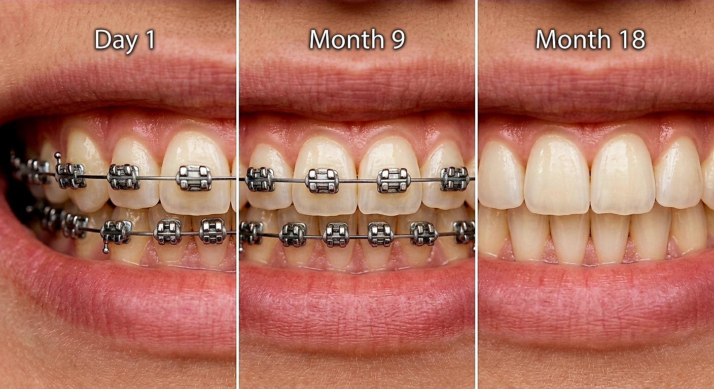 Same patient's teeth at Day 1, Month 9 and Month 18 of treatment with classic metal braces, showing the teeth gradually straightening